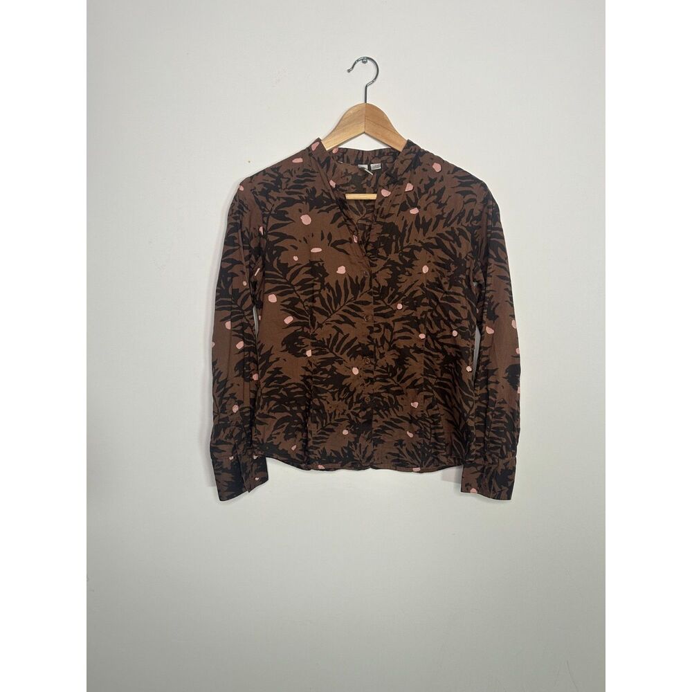 Vintage 90s DKNY City Petites Brown Leaf Print Cotton Blouse 6P Hong Kong